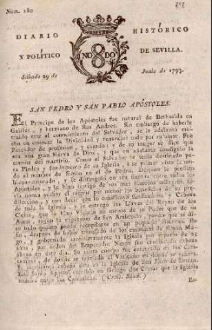 'Diario histórico y político de Sevilla' - Número 180 - 1793 junio 29