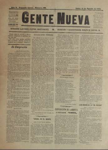 'Gente nueva : Semanario independiente, festivo, ilustrado, literario y de anuncios' - Año V Número 189 - 1910 ago 14