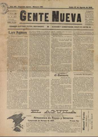 'Gente nueva : Semanario independiente, festivo, ilustrado, literario y de anuncios' - Año VII Número 190 - 1910 ago 27