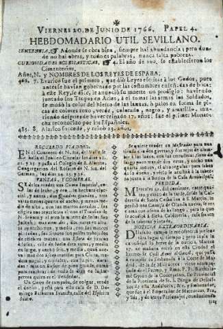 'Hebdomadario útil sevillano' - Año  Número 4 - 1766 junio 20