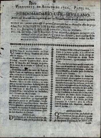 'Hebdomadario útil sevillano' - Año  Número 12 - 1766 agosto 15