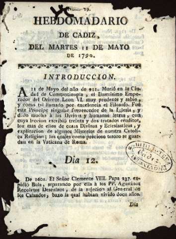 'Hebdomadario de Cádiz' - Año  Número 19 - 1799 mayo 11