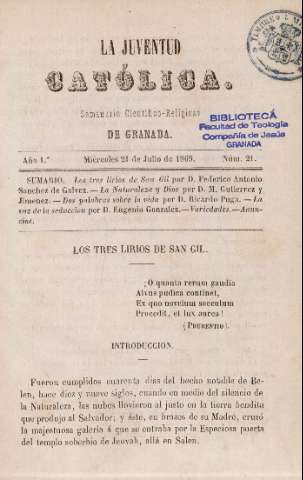'La Juventud Católica : semanario científico-religioso de Granada' - Año 1 Número 21 - 1869 julio 21