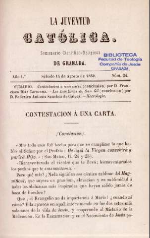'La Juventud Católica : semanario científico-religioso de Granada' - Año 1 Número 24 - 1869 agosto 14