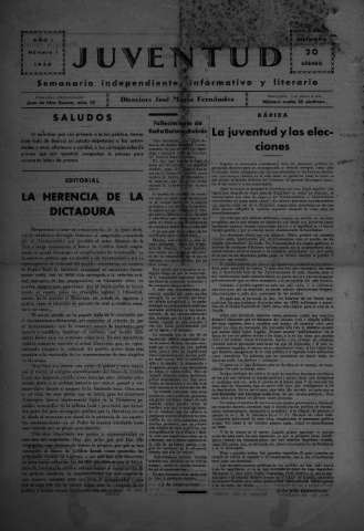 'Juventud semanario independiente, informativo y literario' - Año I Número 1 - 1930 septiembre 20