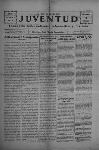 'Juventud semanario independiente, informativo y literario' - Año I Número 8 - 1930 noviembre 8