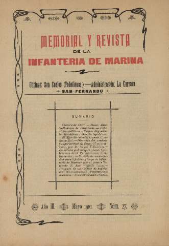 'Memorial y revista de la Infanteria de Marina' - Año III Número 27 - 1910 mayo 1