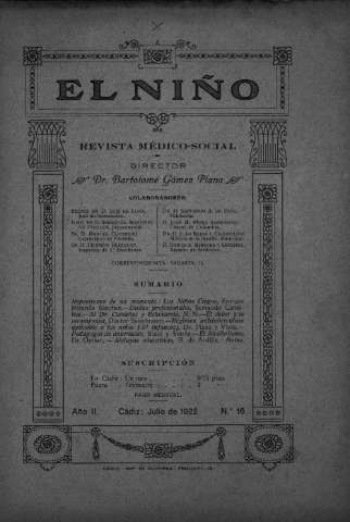 'El niño : Revista médico-social' - Año II Número 16 - 1922 julio 1