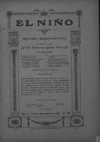 'El niño : Revista médico-social' - Año II Número 20 - 1922 noviembre 1