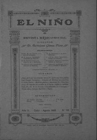 'El niño : Revista médico-social' - Año V Número 53 - 1925 agosto 1