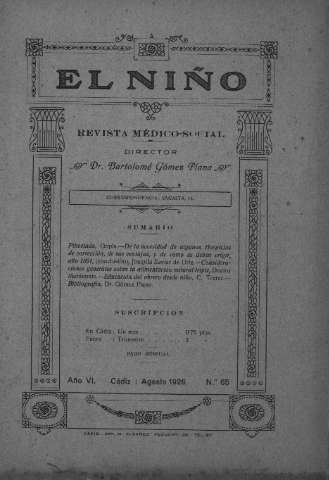 'El niño : Revista médico-social' - Año VI Número 65 - 1926 agosto 1