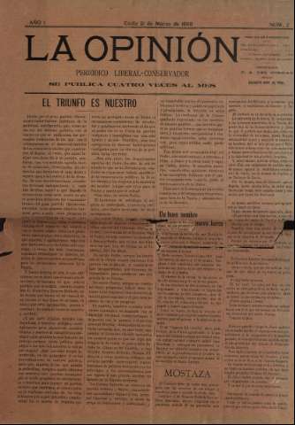 'La Opinión : periódico liberal-conservador' - Año I Número 2 - 1898 marzo 21