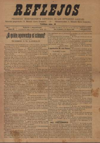 'Reflejos : periódico independiente' - Año I Número 20 - 1910 agosto 6