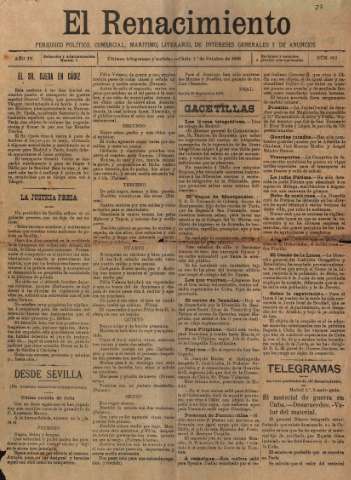 'El Renacimiento : periódico político, comercial, marítimo, literario, de intereses generales y de anuncios' - Año IV Número 862 - 1898 octubre 1