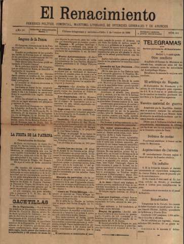 'El Renacimiento : periódico político, comercial, marítimo, literario, de intereses generales y de anuncios' - Año IV Número 864 - 1898 octubre 4