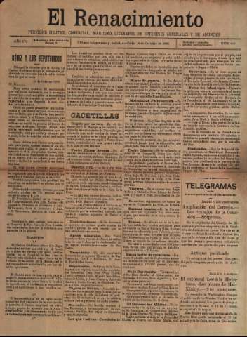 'El Renacimiento : periódico político, comercial, marítimo, literario, de intereses generales y de anuncios' - Año IV Número 868 - 1898 octubre 8