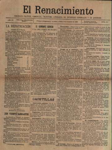 'El Renacimiento : periódico político, comercial, marítimo, literario, de intereses generales y de anuncios' - Año IV Número 876 - 1898 octubre 18