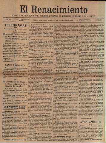 'El Renacimiento : periódico político, comercial, marítimo, literario, de intereses generales y de anuncios' - Año IV Número 877 - 1898 octubre 19