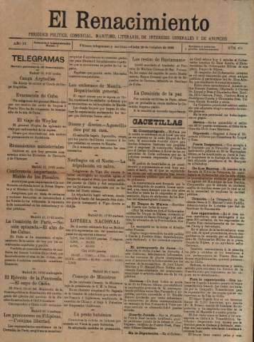 'El Renacimiento : periódico político, comercial, marítimo, literario, de intereses generales y de anuncios' - Año IV Número 878 - 1898 octubre 20
