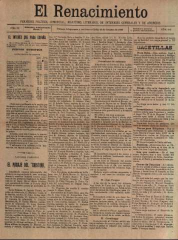 'El Renacimiento : periódico político, comercial, marítimo, literario, de intereses generales y de anuncios' - Año IV Número 885 - 1898 octubre 28