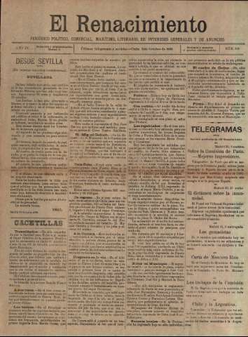 'El Renacimiento : periódico político, comercial, marítimo, literario, de intereses generales y de anuncios' - Año IV Número 886 - 1898 octubre 31