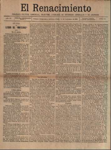 'El Renacimiento : periódico político, comercial, marítimo, literario, de intereses generales y de anuncios' - Año IV Número 888 - 1898 noviembre 2