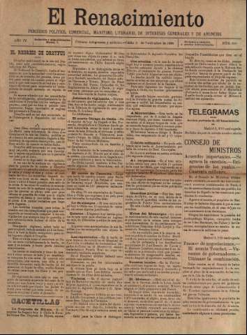 'El Renacimiento : periódico político, comercial, marítimo, literario, de intereses generales y de anuncios' - Año IV Número 889 - 1898 noviembre 3