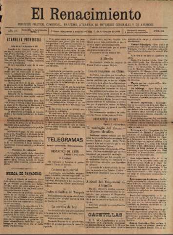 'El Renacimiento : periódico político, comercial, marítimo, literario, de intereses generales y de anuncios' - Año IV Número 892 - 1898 noviembre 7