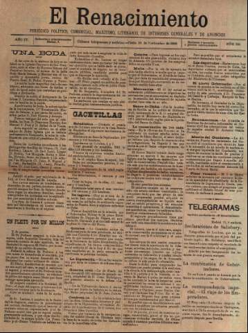 'El Renacimiento : periódico político, comercial, marítimo, literario, de intereses generales y de anuncios' - Año IV Número 895 - 1898 noviembre 10