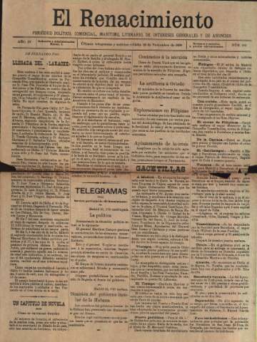 'El Renacimiento : periódico político, comercial, marítimo, literario, de intereses generales y de anuncios' - Año IV Número 909 - 1898 noviembre 26