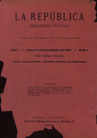 'La República : semanario político' - Año I Número 1 - 1897 diciembre 11