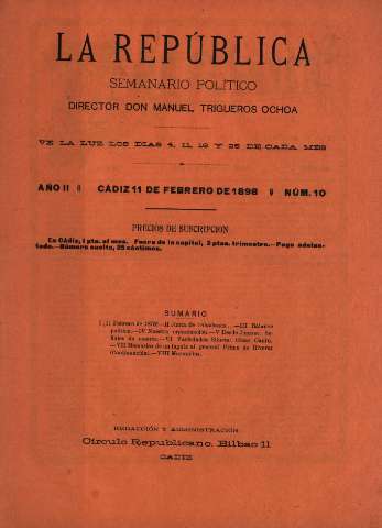 'La República : semanario político' - Año II Número 10 - 1898 febrero 11