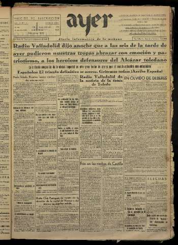 'Ayer : diario informativo de la mañana' - Año I Número 70 - 1936 septiembre 27