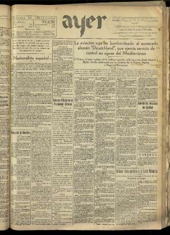 'Ayer : diario informativo de la mañana' - Año II Número 278 - 1937 junio 1