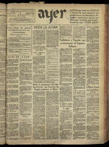 'Ayer : diario informativo de la mañana' - Año III Número 532 - 1938 marzo 24
