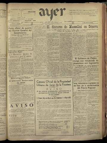 'Ayer : diario informativo de la mañana' - Año III Número 575 - 1938 mayo 15