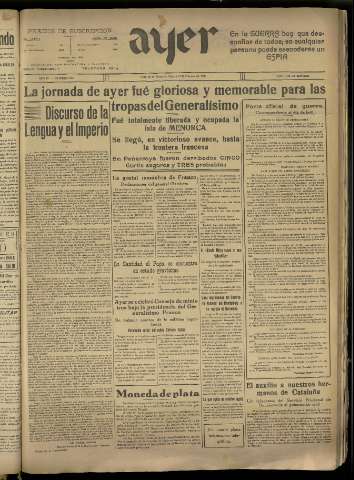 'Ayer : diario informativo de la mañana' - Año IV Número 805 - 1939 febrero 10