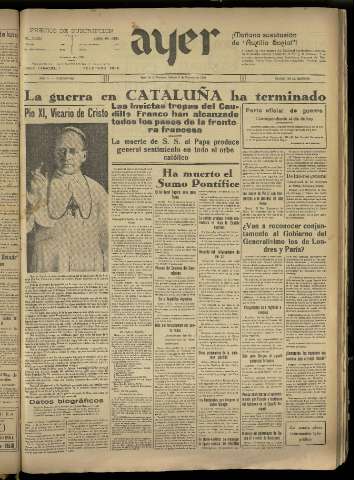 'Ayer : diario informativo de la mañana' - Año IV Número 806 - 1939 febrero 11