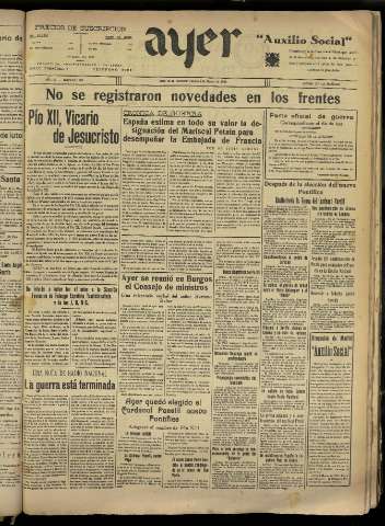 'Ayer : diario informativo de la mañana' - Año IV Número 823 - 1939 marzo 3
