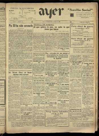 'Ayer : diario informativo de la mañana' - Año IV Número 832 - 1939 marzo 14