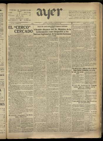 'Ayer : diario informativo de la mañana' - Año IV Número 882 - 1939 mayo 12
