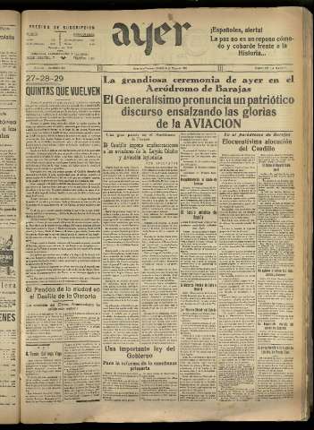 'Ayer : diario informativo de la mañana' - Año IV Número 883 - 1939 mayo 13