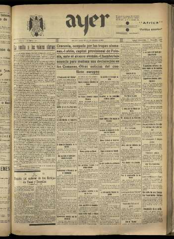 'Ayer : diario informativo de la mañana' - Año IV Número 982 - 1939 septiembre 7
