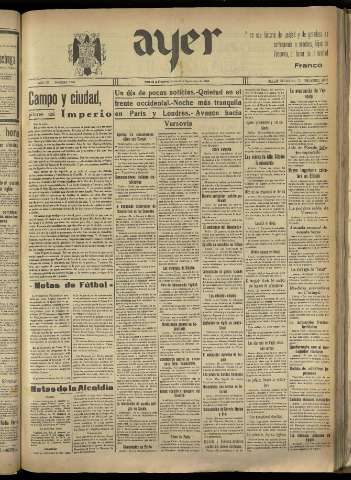 'Ayer : diario informativo de la mañana' - Año IV Número 983 - 1939 septiembre 8