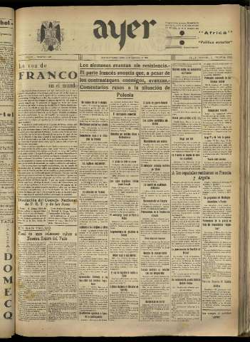 'Ayer : diario informativo de la mañana' - Año IV Número 986 - 1939 septiembre 12