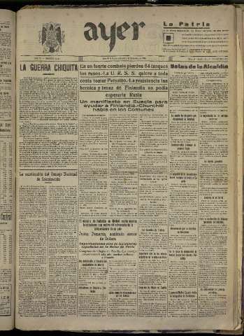 'Ayer : diario informativo de la mañana' - Año IV Número 1059 - 1939 diciembre 7