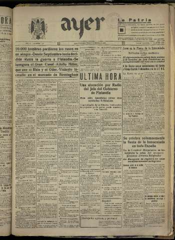 'Ayer : diario informativo de la mañana' - Año IV Número 1061 - 1939 diciembre 9
