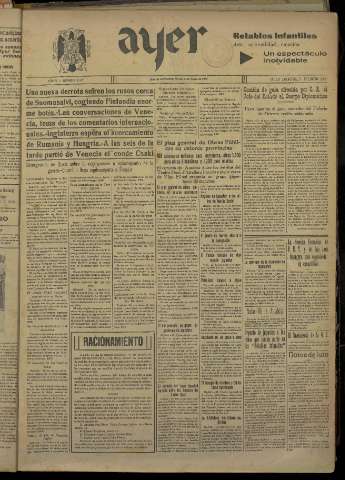 'Ayer : diario informativo de la mañana' - Año V Número 1088 - 1940 enero 9