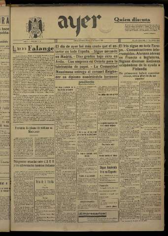 'Ayer : diario informativo de la mañana' - Año V Número 1092 - 1940 enero 13