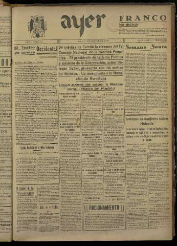'Ayer : diario informativo de la mañana' - Año V Número 1098 - 1940 enero 20